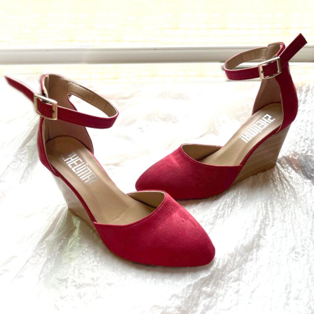 Zhelima Red Suede Wedge Ankle Strap Sandals